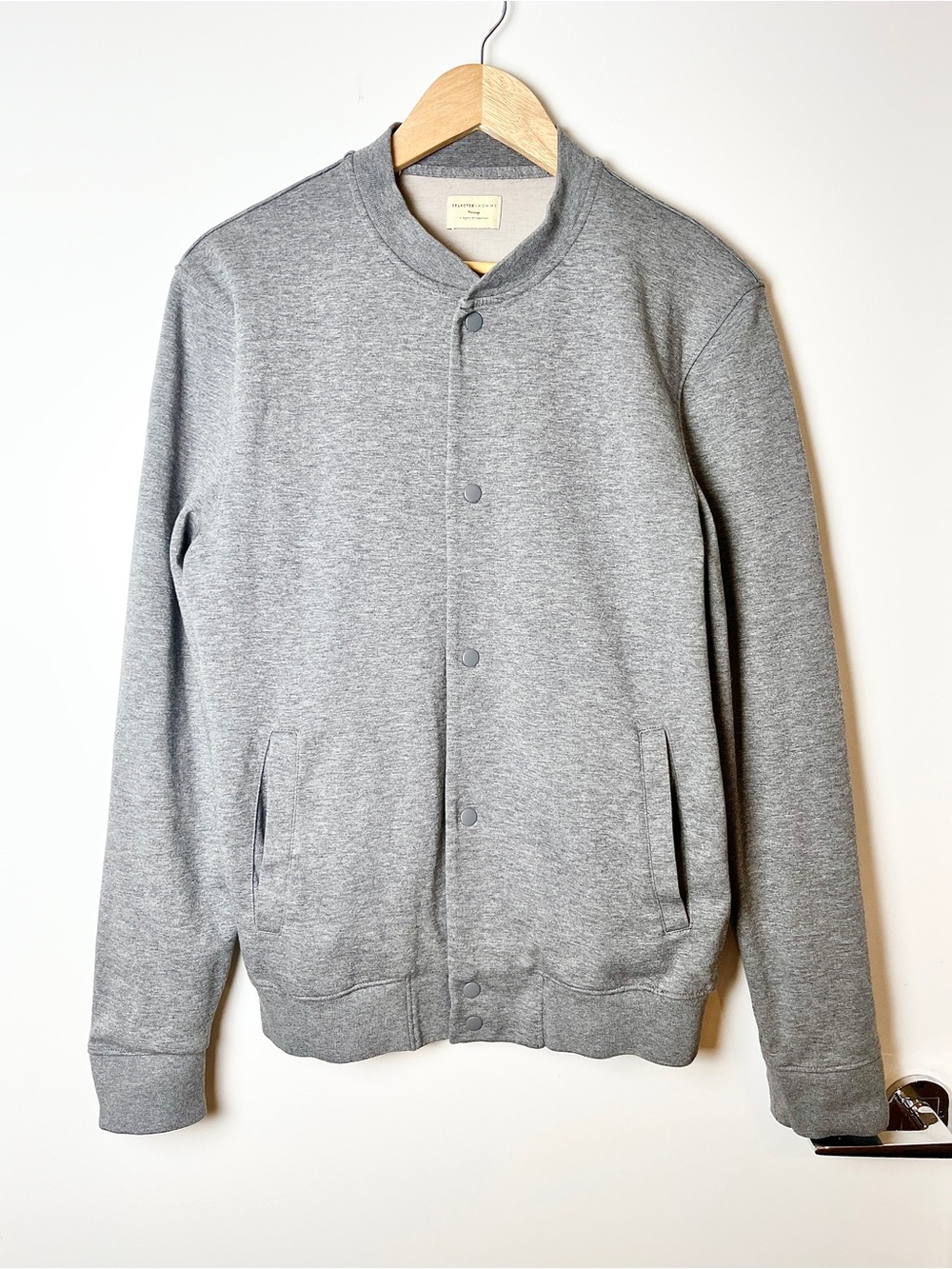 Selected Homme Shhmason Gray Snap‑Front Varsity Bomber Sweat Jacket – Medium